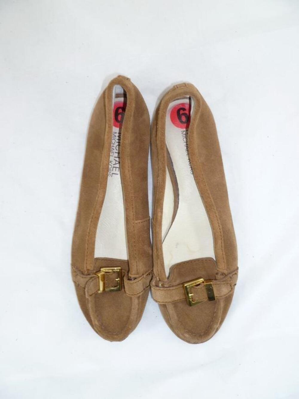MICHAEL KORS USED 6 BUCKLE TAN SUEDE LEATHER LOAFERS/FLATS/SLIP ONS/DRIVER MOCS